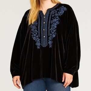 Johnny Was Blue Velvet Embroidered Boho Button Front Top Tunic Blouse Relaxed M